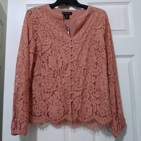 Rachel Zoe Tops - Pink Lace Lined Long Sleeved Button Blouse M NWT